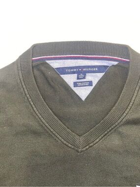 Tommy Hilfiger Men's Olive V-Neck Sweater with Signature Trim